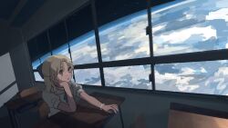  1girl 62_retas blonde_hair bow bracelet brown_eyes chair classroom commentary desk earth_(planet) hair_bow head_rest imagining jewelry looking_outside medium_hair original planet school_chair school_desk short_sleeves solo space star_(sky) window window_shadow 