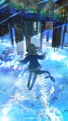  1girl absurdres advarcher blue_hoodie blue_sky blue_socks blue_streaks blue_theme building fins fish_tail from_behind full_body gawr_gura gawr_gura_(1st_costume) grey_hair highres hololive hololive_english hood hoodie long_sleeves multicolored_hair power_lines shark_girl shark_tail shoes skeleton sky smile socks solo streaked_hair tail upside-down_world virtual_youtuber wide_shot 
