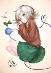  barefoot blush bow cellphone eyeball green_eyes hair_ornament hairclip heart heart_of_string keychain komeiji_koishi lipstick lying makeup no_hat no_headwear on_side open_mouth phone ribbon short_hair sigure_(drizzle) silver_hair simple_background skirt smile solo sweater third_eye touhou 