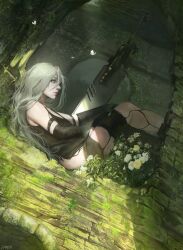   a2_(nier:automata) absurdres android black_thighhighs blue_eyes bug butterfly feet_on_wall flower gloves hand_on_own_leg highres joints legs legs_up linadia11 long_hair moss nier:automata nier_(series) profile robot_joints sunlight sword thighhighs weapon white_hair yorha