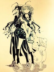  2girls ahoge bandaged_arm bandaged_hand bandaged_head bandages closed_mouth collared_shirt commentary_request danganronpa_(series) danganronpa_another_episode:_ultra_despair_girls eyelashes fukawa_toko genocider_sho glasses hatching_(texture) high_heels holding holding_megaphone holding_scissors holding_weapon kneehighs long_hair long_skirt long_sleeves long_tongue megaphone mole mole_under_mouth monochrome multiple_girls naegi_komaru navel necktie omochiko open_mouth school_uniform scissors serafuku shirokuma_(danganronpa) shirt shoes short_hair short_sleeves simple_background skirt socks standing teeth thigh-highs tongue tongue_out torn_clothes torn_skirt upper_teeth_only weapon 