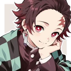  1boy absurdres brown_hair checkered_haori closed_mouth demon_slayer_uniform earrings forehead hanafuda_earrings haori highres japanese_clothes jewelry kamado_tanjirou kimetsu_no_yaiba kqi621 male_focus multicolored_hair red_eyes red_hair scar scar_on_face scar_on_forehead short_hair smile solo 