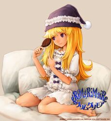  1girl barefoot blonde_hair brush brushing feet george_kamitani grimgrimoire hat light_smile lillet_blan long_hair official_art pajamas pillow purple_eyes sitting sleep_wear sleepwear solo violet_eyes wallpaper wariza 