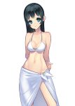  arms_behind_back bikini black_hair blue_eyes breasts cleavage long_hair looking_at_viewer lowleg lowleg_bikini mono navel original sarong shadow_of_the_colossus simple_background smile solo swimsuit tensugi_takashi white_background 