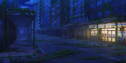  abandoned building city clouds convenience_store dark flower game_asset grass highres night no_humans outdoors overgrown plant red_flower scenery shop spider_lily third-party_source touhou touhou_lostword vending_machine vines 