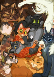  animal animal_focus black_cat blue_cat blue_eyes bluestar_(warrior_cats) brown_cat cat commentary crowded english_commentary firestar_(warrior_cats) graypillow graystripe green_eyes highres lionheart_(warrior_cats) no_humans orange_cat orange_eyes pawpads ravenpaw scared spottedleaf tabby_cat the_prophecies_begin tigerstar too_many too_many_cats tortico_cat tortoiseshell_cat warrior_cats whiskers white_cat whitestorm yellow_cat yellow_eyes 