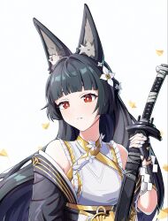  1girl animal_ear_fluff animal_ears bare_shoulders black_dress black_gloves black_hair commentary dress dvinkyn english_commentary falling_leaves fingerless_gloves flower fox_ears fox_girl gloves hair_flower hair_ornament highres holding holding_sword holding_weapon hoshimi_miyabi hoshimi_miyabi_(dignified_blossom) katana leaf long_hair official_alternate_costume red_eyes sheath sheathed simple_background single_fingerless_glove single_glove solo sword two-tone_dress upper_body weapon white_background white_dress white_flower zenless_zone_zero 