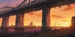  abandoned bridge building city clouds dilapidated game_asset highres no_humans orange_sky outdoors overgrown plant ruins scenery sky third-party_source touhou touhou_lostword twilight vines 