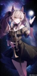  1girl :d absurdres ambience_synesthesia angelina_(ambience_synesthesia_2021)_(arknights) angelina_(arknights) animal_ear_fluff animal_ears arknights bare_shoulders black_bow black_choker black_dress black_wrist_cuffs bloom bow brown_hair chinese_commentary choker commentary_request dress fox_ears fox_girl hair_bow highres holding holding_instrument holding_trumpet instrument light_blush long_hair looking_to_the_side milky_way off-shoulder_dress off_shoulder official_alternate_costume orange_eyes short_sleeves smile solo space star_(sky) trumpet twintails watermark weibo_7455897562 weibo_watermark wrist_cuffs 