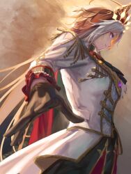  ahoge animal_ears ascot black_gloves black_skirt breasts cape commentary_request crown ear_covers from_below gem gloves highres horse_ears horse_girl jacket long_hair long_sleeves medium_breasts multicolored_hair orange_hair orfevre_(control)_(umamusume) orfevre_(umamusume) parted_lips qdx4p red_cape single_ear_cover skirt smile umamusume violet_eyes white_hair white_jacket 