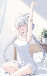  1girl absurdres alternate_costume armpits arms_up bare_arms bare_shoulders blue_nails breasts chinese_commentary closed_eyes collarbone commentary_request dress feet_out_of_frame grey_hair highres indoors long_hair luo_tianyi medium_breasts nail_polish on_bed open_mouth picture_frame pillow plant potted_plant sitting sleeveless sleeveless_dress solo speech_bubble squeans stretching very_long_hair vocaloid vsinger_(vocaloid) yawning 