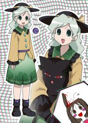  2girls azumanga_daioh black_boots black_cat black_hat black_ribbon blood boots bow brown_eyes brown_hair buttons cat commentary diamond_button english_commentary eyeball floral_print frilled_shirt_collar frilled_sleeves frills green_eyes green_hair green_skirt hat hat_bow hat_ribbon highres himuhino kaenbyou_rin kaenbyou_rin_(cat) kasuga_ayumu koishi_day komeiji_koishi multiple_girls pink_serafuku red_eyes ribbon rose_print school_uniform sentaku-bune_(style) serafuku shirt skirt smile stuffed_animal stuffed_cat stuffed_toy touhou yellow_bow yellow_ribbon yellow_shirt 