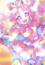  1girl absurdres bow commentary_request cure_mystique dress hair_bow highres koriyukika032 looking_at_viewer meitantei_precure! open_mouth pink_hair precure red_bow short_sleeves solo twitter_username violet_eyes 