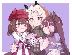  3girls aged_down animal_ears blunt_bangs blush brown_hair closed_mouth dailytachycafe ear_covers ears_through_headwear english_commentary hair_between_eyes hair_ornament hand_puppet happy_birthday hat horse_ears horse_girl horse_tail long_hair long_sleeves looking_at_another lucky_lilac_(umamusume) marche_lorraine_(umamusume) mismatched_ear_covers multicolored_hair multiple_girls open_mouth orange_hair orfevre_(umamusume) puppet short_hair side_ponytail smile tail two-tone_hair umamusume umamusume_horse_relations violet_eyes white_hair 