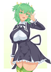  1girl :d absurdres antenna_hair arm_at_side assault_lily black_ribbon black_skirt blush border breasts chinese_commentary commentary_request cowboy_shot cropped_jacket dark-skinned_female dark_skin fang frilled_skirt frills gradient_background green_background green_eyes green_hair green_thighhighs hair_between_eyes hair_ribbon hand_up high-waist_skirt highres juliet_sleeves large_breasts long_sleeves looking_at_viewer miniskirt neck_ribbon open_hand open_mouth outside_border puffy_sleeves ribbon school_uniform shirt short_hair skirt smile solo standing striped_clothes striped_thighhighs thigh-highs two-tone_background two_side_up white_background white_border white_shirt xingguang yellow_ribbon yoshimura_thi_mai yurigaoka_girls_academy_school_uniform zettai_ryouiki 