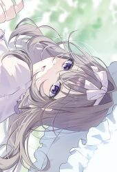  1girl :d blonde_hair commentary_request day dress frilled_dress frills hair_intakes hair_ribbon highres holding holding_umbrella long_hair looking_at_viewer mahiru_yura meitantei_precure! moria_luluka open_mouth precure ribbon smile solo sunlight umbrella white_dress white_ribbon 