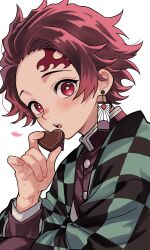  1boy absurdres candy checkered_haori chocolate demon_slayer_uniform earrings food forehead hanafuda_earrings haori heart heart-shaped_chocolate heart-shaped_food highres holding holding_chocolate holding_food japanese_clothes jewelry kamado_tanjirou kimetsu_no_yaiba kqi621 long_sleeves male_focus multicolored_hair open_mouth red_hair scar scar_on_face scar_on_forehead short_hair solo white_background 