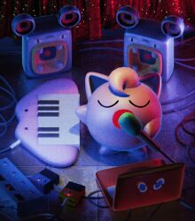  3d blender_(medium) cable closed_eyes computer curtains ditto holding holding_microphone instrument jigglypuff keyboard_(instrument) laptop loudred louie_zong microphone no_humans pokemon pokemon_(creature) pokemon_focus rotom singing speaker 