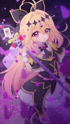  1girl absurdres antenna_hair black_background black_bow black_bowtie black_capelet black_dress black_shoes black_thighhighs blonde_hair bow bowtie brooch bug butterfly capelet closed_mouth commentary crossed_bangs cure_arcana_shadow diamond_hairband dress feet_out_of_frame fingernails forehead_jewel foreshortening frilled_capelet frills gem gold_trim gradient_hair hair_between_eyes hair_bow hair_intakes hairband heart heart_brooch heart_in_eye highres holding holding_staff jewelry kong_yu light_particles long_hair looking_at_viewer magical_girl medium_dress meitantei_precure! moria_luluka multicolored_hair nail_polish pink_eyes pink_hair precure purple_gem purple_nails purple_veil shoes sleeveless sleeveless_dress smile solo sparkle split_mouth staff standing symbol_in_eye tear_arcana_rod thigh-highs two-tone_hair veil very_long_hair white_wrist_cuffs wrist_cuffs 
