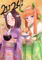  2girls absurdres alternate_costume animal_ears arugou blue_eyes blue_sailor_collar blunt_bangs blush bow bowl braid brown_hair chopsticks closed_eyes closed_mouth commentary_request daruma_doll ear_bow ear_covers eating floral_print floral_print_kimono food food_in_mouth green_kimono hair_ornament hairband half_up_braid highres holding holding_bowl holding_chopsticks horse_ears horse_girl japanese_clothes kimono long_hair long_sleeves matikanefukukitaru_(rising_fortune)_(umamusume) matikanefukukitaru_(umamusume) mochi mochi_trail multicolored_hair multiple_girls neckerchief obi orange_hair print_kimono purple_kimono red_neckerchief sailor_collar sash school_uniform shirt short_hair silence_suzuka_(umamusume) single_ear_cover smile special_week_(umamusume) star-shaped_pupils star_(symbol) symbol-shaped_pupils two-tone_hair umamusume white_hair white_hairband white_shirt 