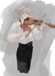  1boy ascot black_pants closed_mouth commentary_request cowboy_shot edmond_dantes_(fate) fate/grand_order fate_(series) grey_hair high-waist_pants highres holding holding_instrument holding_violin instrument long_sleeves looking_at_object lycaste0008 orange_ascot pants shirt solo violin white_shirt yellow_eyes 