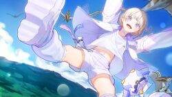  1girl :d animal ark_survival_evolved banpen_(todoroki_hajime) bird blonde_hair blue_sky blunt_bangs blush choker clouds commentary_request dot_nose double-parted_bangs downturned_eyes dutch_angle dynamic_pose falling hair_ornament hairpin highres hololive hololive_dev_is iridescent jacket leg_warmers lens_flare looking_at_viewer loose_hair_strand midair mountainous_horizon multicolored_hair multicolored_jacket navel neki_(gotty_xxx) open_clothes open_jacket open_mouth outdoors outer_glow outstretched_arms penguin pterosaur purple_choker purple_jacket purple_shorts purple_streaks purple_trim shin_strap shirt shoes short_hair shorts sidelocks sky smile sneakers solo spread_legs streaked_hair stuffed_animal stuffed_penguin stuffed_toy swept_bangs t-shirt talisman teeth thighs todoroki_hajime todoroki_hajime_(1st_costume) two-tone_hair two-tone_jacket two-tone_shorts two_side_up upper_teeth_only upshirt upshorts violet_eyes virtual_youtuber white_jacket white_leg_warmers white_shirt white_shoes white_shorts 