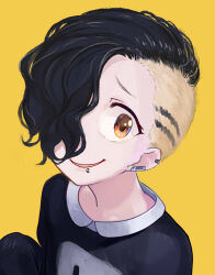 1girl alternate_hair_color alternate_hairstyle asymmetrical_hair black_hair black_shirt blonde_hair brown_eyes collared_shirt commentary_request ear_piercing eyelashes face_piercing hair_over_one_eye idolmaster idolmaster_cinderella_girls mouth_piercing multicolored_hair open_mouth piercing shirasaka_koume shirt short_hair sidecut simple_background smile solo toro3 two-tone_hair undercut yellow_background 