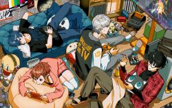  1girl 3boys absurdres aigis_(persona) amamiya_ren black_hair black_shirt blue_hair brown_hair can character_doll clock closed_mouth clothes_writing commentary_request controller couch demon_(megami_tensei) doll food game_console game_controller glasses grey_hair grey_pants handheld_game_console highres holding holding_controller holding_game_controller holding_handheld_game_console in-franchise_crossover jack_frost_(megami_tensei) jacket kettodango korean_commentary kuma_(persona_4) morgana_(persona_5) multiple_boys narukami_yu pants persona pink_sweater playing_games playing_video_games print_shirt shiomi_kotone shirt short_hair sitting socks sweater television yuuki_makoto_(persona_3) 