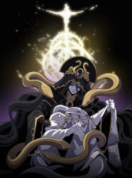  1girl 2boys black_background black_hair black_robe closed_eyes closed_mouth commentary dalachi_(headdress) design_speculation elden_ring english_commentary gem gloam-eyed_queen godskin_apostle gold_trim gradient_background great_rune_(elden_ring) hair_between_eyes high_collar highres hood jewelry kokoshnik kudoliya_art lips long_hair_between_eyes mother_and_child multiple_boys ornate_clothes pale_skin parent_and_child purple_gem robe rune_of_death sleeves_past_wrists snake snake_tail tail wide_sleeves yellow_eyes 