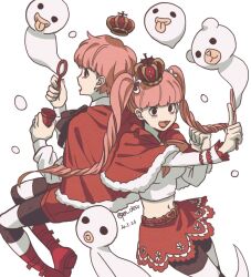  1boy 1girl blowing_bubbles blunt_bangs boots capelet commentary_request crop_top crown dated drill_hair genderswap genderswap_(ftm) ghost lower_eyelashes_only masukawagen mini_crown one_piece open_mouth perona red_capelet red_lips red_shorts red_skirt shorts simple_background skirt smile tongue tongue_out twin_drills white_background 