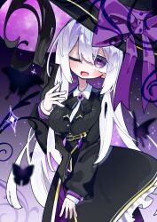  1girl :d ;d absurdres black_bow black_bowtie black_dress black_hat blush bow bowtie breasts bug butterfly collar collared_shirt commentary_request cropped_head cropped_legs dress gem hair_between_eyes hand_up hat hat_bow head_tilt highres holding holding_staff jewelry large_breasts large_hat long_hair long_sleeves looking_at_viewer one_eye_closed open_mouth original purple_background purple_bow shirt sleeves_past_wrists smile solo sparkle staff toriple very_long_hair violet_eyes white_collar white_hair white_shirt witch_hat 