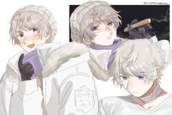  1boy axis_powers_hetalia bandaged_neck bandages between_fingers black_gloves blush brown_sweater cigar closed_mouth collarbone down_jacket emblem fur-trimmed_jacket fur_trim gloves grey_hair hair_between_eyes hand_up harutoro_39487 hat holding holding_cigar index_finger_raised jacket long_sleeves looking_at_viewer looking_down male_focus multiple_views official_alternate_costume open_clothes open_jacket open_mouth puffy_long_sleeves puffy_sleeves purple_scarf russia_(hetalia) scarf shirt short_hair simple_background smile smoke sweater upper_body violet_eyes white_background white_hat white_jacket white_shirt 