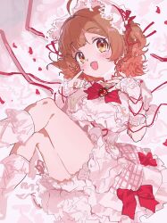  brown_eyes brown_hair commentary_request dress ema_(oekakidaisukinahito) fingerless_gloves frilled_dress frills gakuen_idolmaster gloves hanami_ume highres idolmaster lolita_fashion lying miniskirt nail_polish petticoat ribbon short_hair skirt smile 