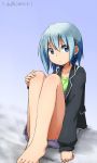  bare_legs barefoot blazer blue_background blue_eyes blue_hair casual collarbone hair_ornament hairclip kagiana long_sleeves mahou_shoujo_madoka_magica miki_sayaka overalls short_hair sitting solo 