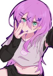  1girl absurdres aqua_eyes aubrey_(faraway)_(omori) aubrey_(omori) black_shorts commentary double-parted_bangs forest_bunny_(omori) fuchome hair_ornament hairclip hand_on_own_face heart_hairpin highres long_hair looking_at_viewer multicolored_nails omori pink_nails purple_nails shirt shorts 