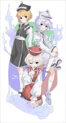  3girls black_shoes black_skirt black_vest blonde_hair blue_eyes blue_nails blue_shoes brown_eyes closed_mouth expressionless green_nails hat highres instrument long_sleeves looking_at_viewer lunasa_prismriver lyrica_prismriver medium_hair merlin_prismriver multiple_girls nail_polish o_(crazyoton46) one_eye_closed parted_lips piano red_skirt red_vest shirt shoes skirt smile socks touhou trumpet v vest violin wavy_hair white_hair white_shirt white_skirt white_socks white_vest yellow_eyes 