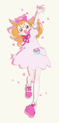  1girl 35kawaiiprpr absurdres arm_up boots brown_hair dress drop_shadow full_body highres hood hood_down hooded_dress inukai_komugi long_hair looking_at_viewer paw_print pink_dress ponytail precure simple_background smile solo white_background wonderful_precure! 