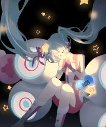  1girl ame_miya_ta aqua_hair arm_tattoo boots closed_eyes commentary_request double-parted_bangs floating full_body gloves hair_between_eyes hatsune_miku highres long_hair magical_mirai_(vocaloid) necktie night number_tattoo pink_gloves pink_necktie pink_shirt pink_skirt shirt sidelocks skirt sky sleeveless sleeveless_shirt smile solo star_(sky) star_(symbol) tattoo twintails two-tone_shirt very_long_hair vocaloid white_boots white_shirt 