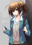  1girl alternate_costume angel_beats! brown_eyes brown_hair cellphone cigarette earphones hisako_(angel_beats!) long_hair nananeko phone ponytail school_uniform sweater_vest 