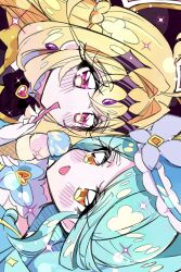  2girls :d antenna_hair aqua_bow aqua_bowtie aqua_capelet black_capelet blonde_hair blue_hair bow bowtie brooch butterfly_hat_ornament capelet commentary_request cure_arcana_shadow cure_eclair diamond_hairband feeding hat_ornament heart heart_brooch highres holding holding_spoon jewelry long_hair looking_at_another magical_girl meitantei_precure! mizunonononono multiple_girls open_mouth orange_eyes pink_eyes precure purple_veil rotated smile spoon veil very_long_hair 