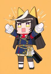  1girl ahoge ai-generated animal_ears arms_up black_hair calstone_light_o_(one_true_path)_(umamusume) calstone_light_o_(umamusume) commentary_request full_body highres horse_ears horse_girl long_hair minecraft open_mouth orange_background outstretched_arms solo sparkling_eyes spread_arms umamusume white_hair yellow_eyes 