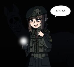  1girl ammunition_pouch beret brown_hair cowboy_shot elf english_text hat holding holding_phone karepack load_bearing_equipment medium_hair military_combat_uniform military_uniform monster nervous_sweating night open_mouth original phone pointy_ears pouch smile soldier speech_bubble sweat teeth upper_teeth_only 