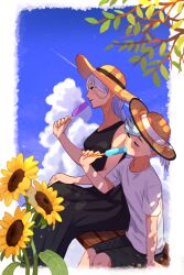  1boy 1girl black_dress black_shorts blue_eyes blue_hair blue_sky closed_mouth clouds cloudy_sky commentary_request dress field flower flower_field food food_in_mouth hat highres holding holding_food holding_popsicle jujutsu_kaisen long_hair mei_mei_(jujutsu_kaisen) popsicle popsicle_in_mouth shirt short_hair shorts siblings sitting sky smile summer sun_hat sundress sunflower sunflower_field sweat ui_ui_(jujutsu_kaisen) urahoshi white_shirt 