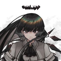  1girl arknights ascot black_ascot black_eyes black_hair black_halo black_wings blunt_bangs broken_halo close-up closed_mouth collared_jacket dark_halo duplicate energy_wings expressionless halo highres hime_cut jacket long_hair looking_at_viewer mole mole_under_eye pale_skin pixel-perfect_duplicate portrait sidelocks simple_background solo straight_hair strap very_long_hair virtuosa_(arknights) white_background white_jacket wide_sleeves wing_collar wings yellow_pupils yuec 
