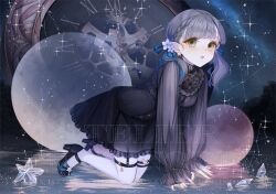  1girl :o all_fours analog_clock black_dress black_shoes braid clock constellation dress earrings flower full_body green_eyes grey_hair hair_flower hair_ornament highres jewelry long_sleeves looking_at_viewer night on_water open_mouth original puchinoria reflection roman_numeral shoes sky sleeves_past_wrists socks solo sparkle star_(sky) star_(symbol) star_earrings starry_sky twintails water watermark white_socks 