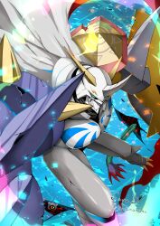  absurdres arm_cannon armor cape commentary_request digimon digimon_(creature) digimon_adventure digimon_adventure:_bokura_no_war_game green_eyes highres horns omegamon sawa_d shoulder_armor tsumemon weapon white_armor white_cape 