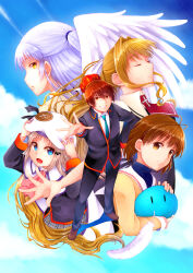  1boy 4girls :d air_(visual_novel) angel angel_beats! angel_wings antenna_hair beret black_jacket black_pants blonde_hair blue_eyes blue_necktie blue_shirt blue_sky bow bowtie brown_eyes brown_hair brown_shoes cape clannad closed_eyes closed_mouth clouds collared_shirt commentary_request cowboy_shot cropped_torso cross_ornament crown dango_daikazoku day dot_nose fang feathered_wings floating_hair full_body furukawa_nagisa grey_skirt grin hair_intakes half_updo hand_on_headwear hand_on_own_hip hands_up hat highres hikarizaka_private_high_school_uniform holding holding_stuffed_toy jacket kamio_misuzu key_(company) light_blush little_busters! little_busters!_school_uniform long_hair long_sleeves looking_at_viewer medium_hair multiple_girls natsume_kyousuke necktie nose noumi_kudryavka open_mouth outdoors outstretched_arm outstretched_hand pants pink_bow pink_bowtie plaid_clothes plaid_skirt pleated_skirt ponytail rakka red_eyes red_necktie sailor_collar school_uniform serafuku shirt shoes short_hair short_ponytail skirt sky smile standing stuffed_toy sunlight tachibana_kanade tareme tsurime turtleneck turtleneck_shirt very_long_hair white_cape white_hair white_hat white_sailor_collar white_shirt white_wings wings yellow_jacket |_| 