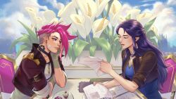  2girls 2xko asymmetrical_hair blue_hair butch/femme_couple caitlyn_(league_of_legends) commentary cupcake earrings english_commentary eyebrow_cut flower food highres irene_koh jewelry league_of_legends multiple_girls neck_tattoo pink_hair scar scar_on_face second-party_source sidecut sitting table tattoo undercut vi_(league_of_legends) yuri 