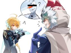  3boys ? aether_(genshin_impact) aether_(snezhnaya)_(genshin_impact) ahoge aiming anger_vein armor bar_censor black_gloves blonde_hair blue_gloves blue_jacket blue_shirt braid buttons cape carrot censored closed_mouth commentary covered_eyes cropped_torso crossover earpiece english_commentary from_behind frozen_(disney) fur-trimmed_cape fur_trim genshin_impact gloves gold_trim green_hair gun hair_between_eyes hair_ornament hair_tubes hand_up handgun hands_up highres holding holding_gun holding_weapon hood hooded_cape huge_ahoge index_finger_raised jacket lapels long_hair looking_at_another low-braided_long_hair low-tied_long_hair male_focus multiple_boys official_alternate_costume olaf_(frozen) open_mouth orange_eyes pointing shirt short_hair short_sleeves shoulder_armor simple_background single_braid single_hair_tube smile snowman speech_bubble spoken_anger_vein squiggle stick teeth upper_body v-shaped_eyebrows viviwi weapon white_background white_cape yellow_eyes 