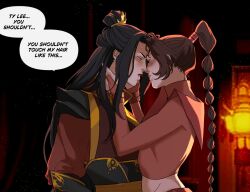  2girls avatar_legends azula black_hair blush bridal_gauntlets brown_hair english_text forehead-to-forehead half_updo heads_together highres lantern long_hair marceline2174 multi-tied_hair multiple_girls topknot ty_lee yellow_eyes yuri 